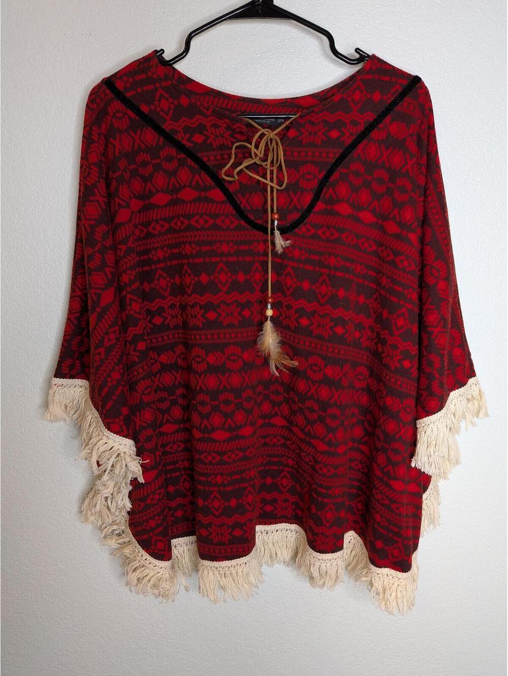 Earthbound Trading Co Red Aztec Fringe Poncho Top One Size Boho Western